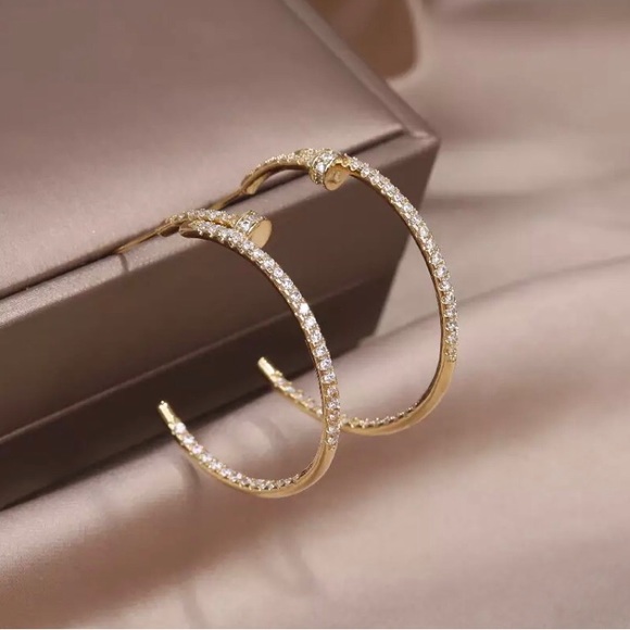 14K Gold Plated Nail Hoop Earrings - Picture 3 of 5